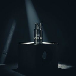 A dark, moody room illuminated by a single shaft of light, revealing a sturdy Stanley thermos emerging from within a massive iron block