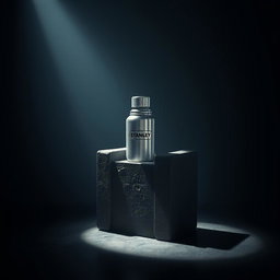A dark, moody room illuminated by a single shaft of light, revealing a sturdy Stanley thermos emerging from within a massive iron block