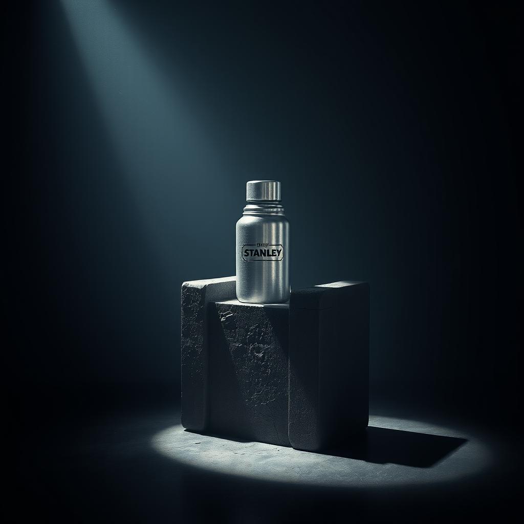 A dark, moody room illuminated by a single shaft of light, revealing a sturdy Stanley thermos emerging from within a massive iron block