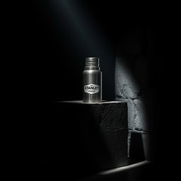 A dark, moody room illuminated by a single shaft of light, revealing a sturdy Stanley thermos emerging from within a massive iron block