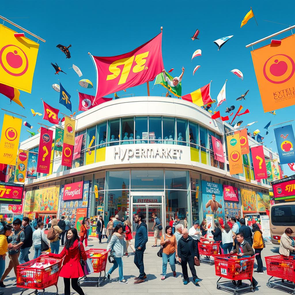 A chaotic and creative scene showcasing a large rectangular hypermarket