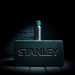 A dark room with a mysterious ambiance, featuring a massive iron block at the center