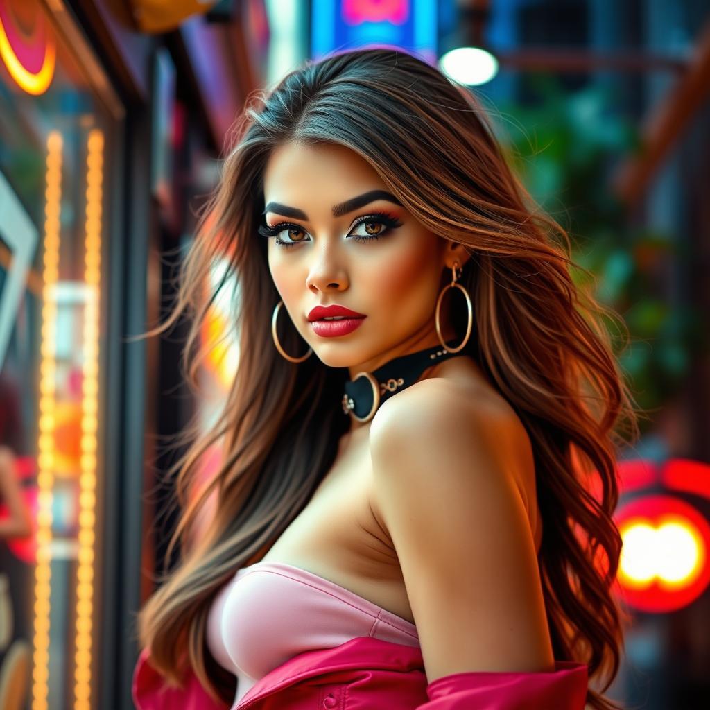 A stunningly beautiful young woman with a glamorous look, featuring luscious flowing hair and striking makeup, wearing a fashionable and trendy outfit that enhances her figure
