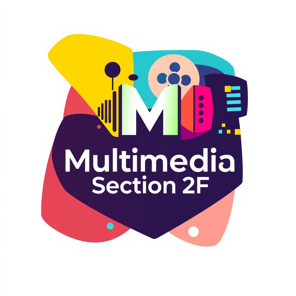 A sleek and modern logo design representing 'Multimedia Section 2F', featuring a creative blend of vibrant colors and abstract geometric shapes that symbolize creativity and innovation