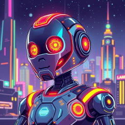 A futuristic robot depicted in vibrant pixel art style, featuring a sleek metallic body and glowing accents in neon colors