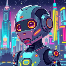A futuristic robot depicted in vibrant pixel art style, featuring a sleek metallic body and glowing accents in neon colors