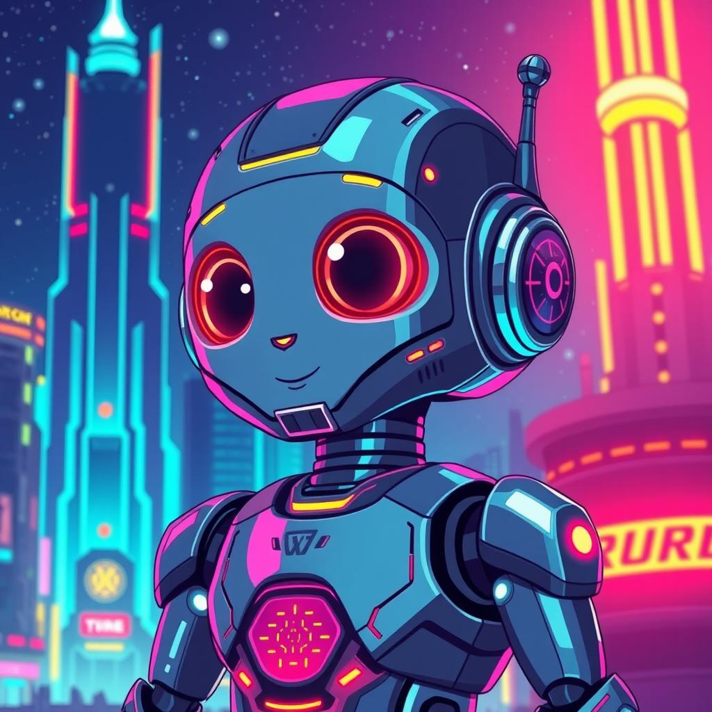 A futuristic robot depicted in vibrant pixel art style, featuring a sleek metallic body and glowing accents in neon colors