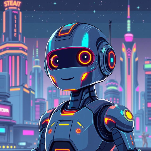 A futuristic robot depicted in vibrant pixel art style, featuring a sleek metallic body and glowing accents in neon colors
