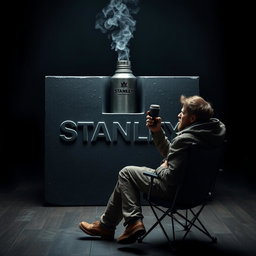 A hyper-realistic scene set in a dark room, featuring a large iron block in the center, prominently engraved with the word 'Stanley