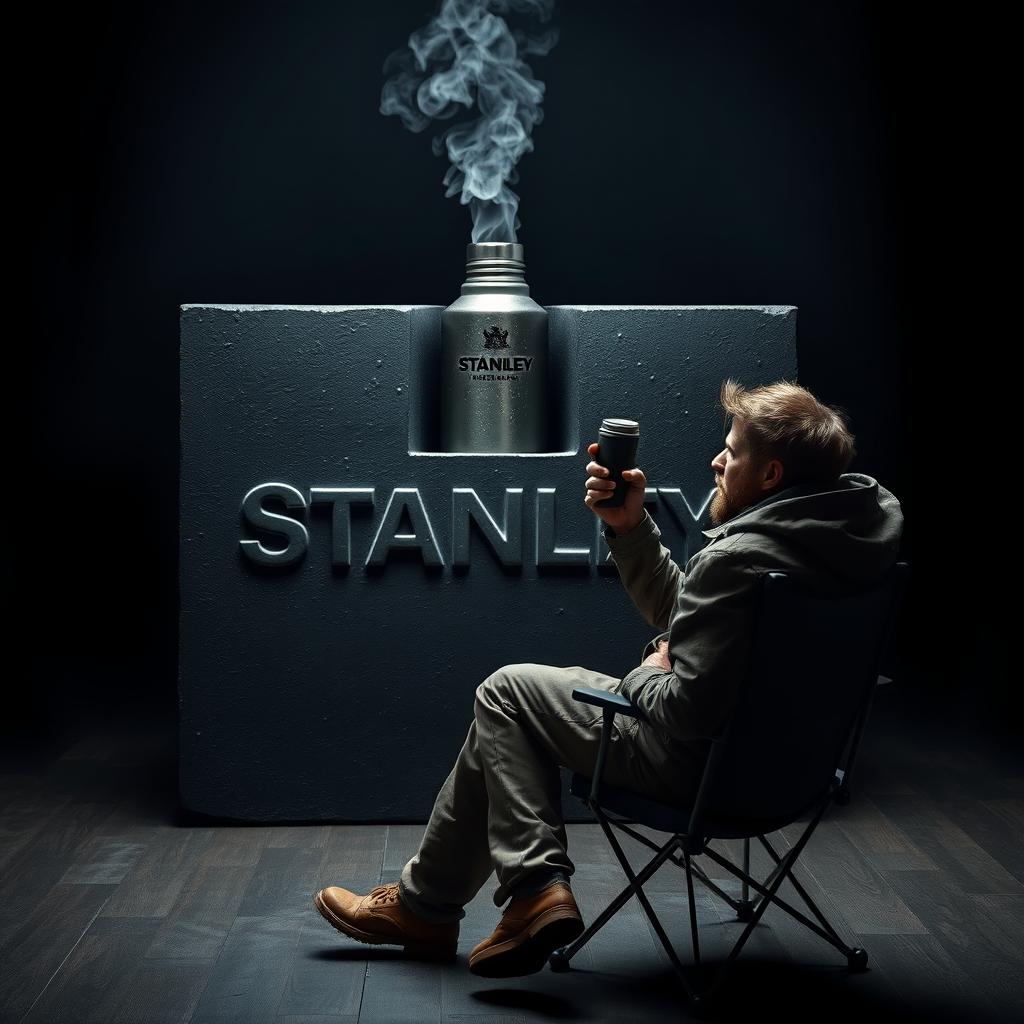 A hyper-realistic scene set in a dark room, featuring a large iron block in the center, prominently engraved with the word 'Stanley
