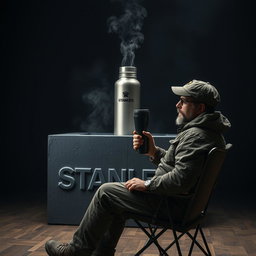 A hyper-realistic scene set in a dark room, featuring a large iron block in the center, prominently engraved with the word 'Stanley