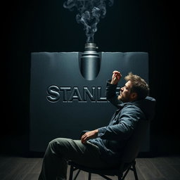 A hyper-realistic scene set in a dark room, featuring a large iron block in the center, prominently engraved with the word 'Stanley
