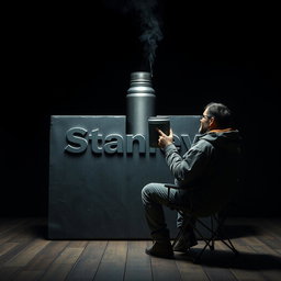 A hyper-realistic scene set in a dark room, featuring a large iron block in the center, prominently engraved with the word 'Stanley