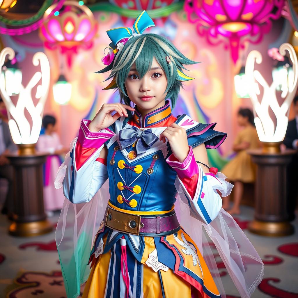 An eye-catching image of a young adult in an elaborate and vibrant cosplay costume, portraying a popular anime character