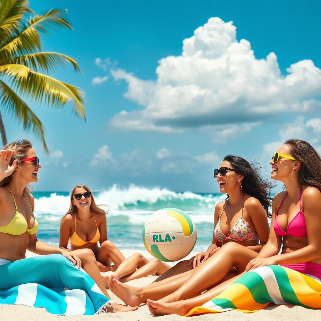 A vibrant and lively scene featuring a group of young women enjoying a sunny day at the beach