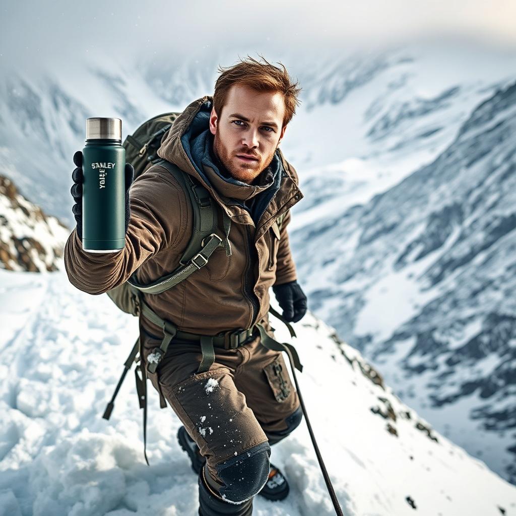 On a snowy mountain, a determined man is climbing while holding a Stanley thermos in one hand
