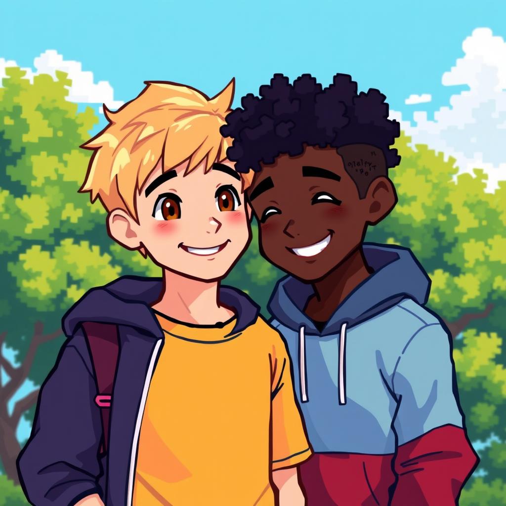 A charming pixel art scene featuring two boys as a couple