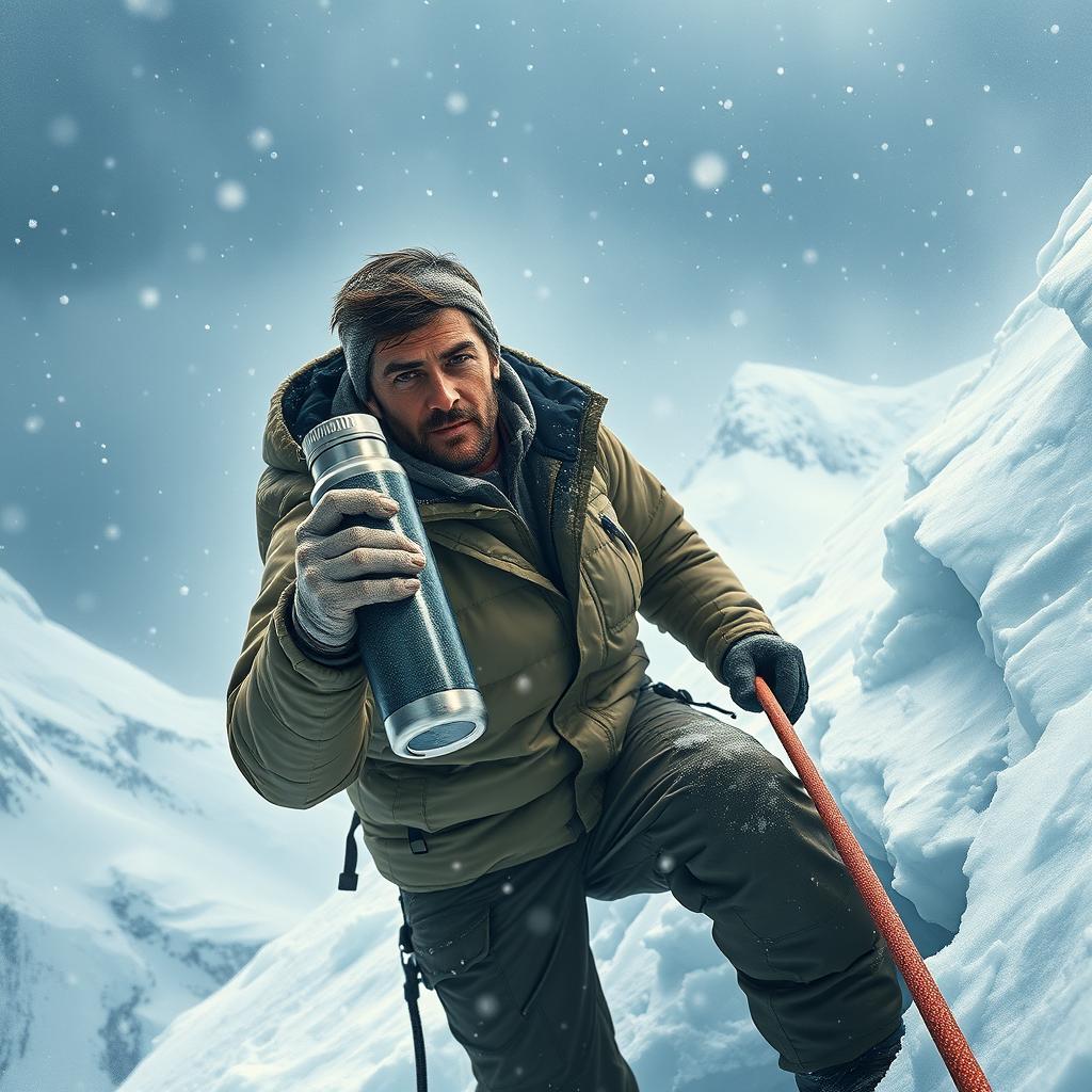 On a snowy mountain, a realistic depiction of a man climbing, holding a Stanley thermos in one hand