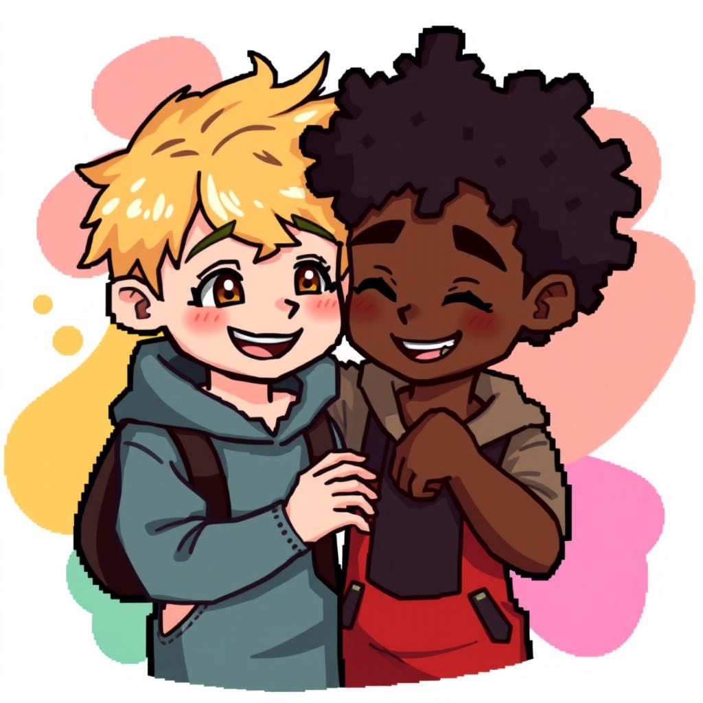 A charming pixel art scene featuring a couple of two boys, conveying a sense of warmth and friendship