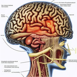 A detailed illustration of a brain aneurysm, showing the weakened blood vessel wall bulging outwards. Keep the image medical and professional with appropriate annotations.