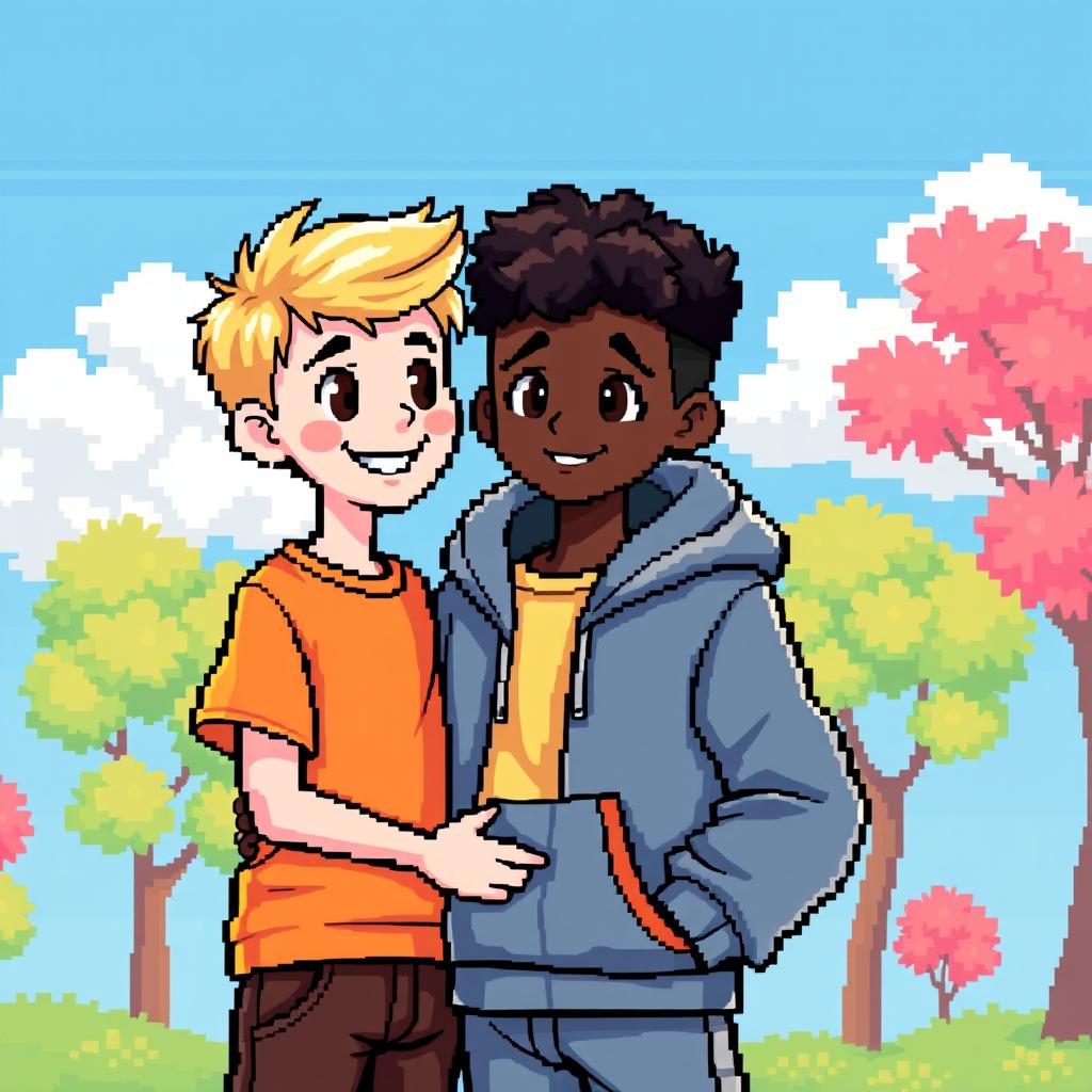 An adorable 8-bit pixel art scene showcasing a couple of two boys