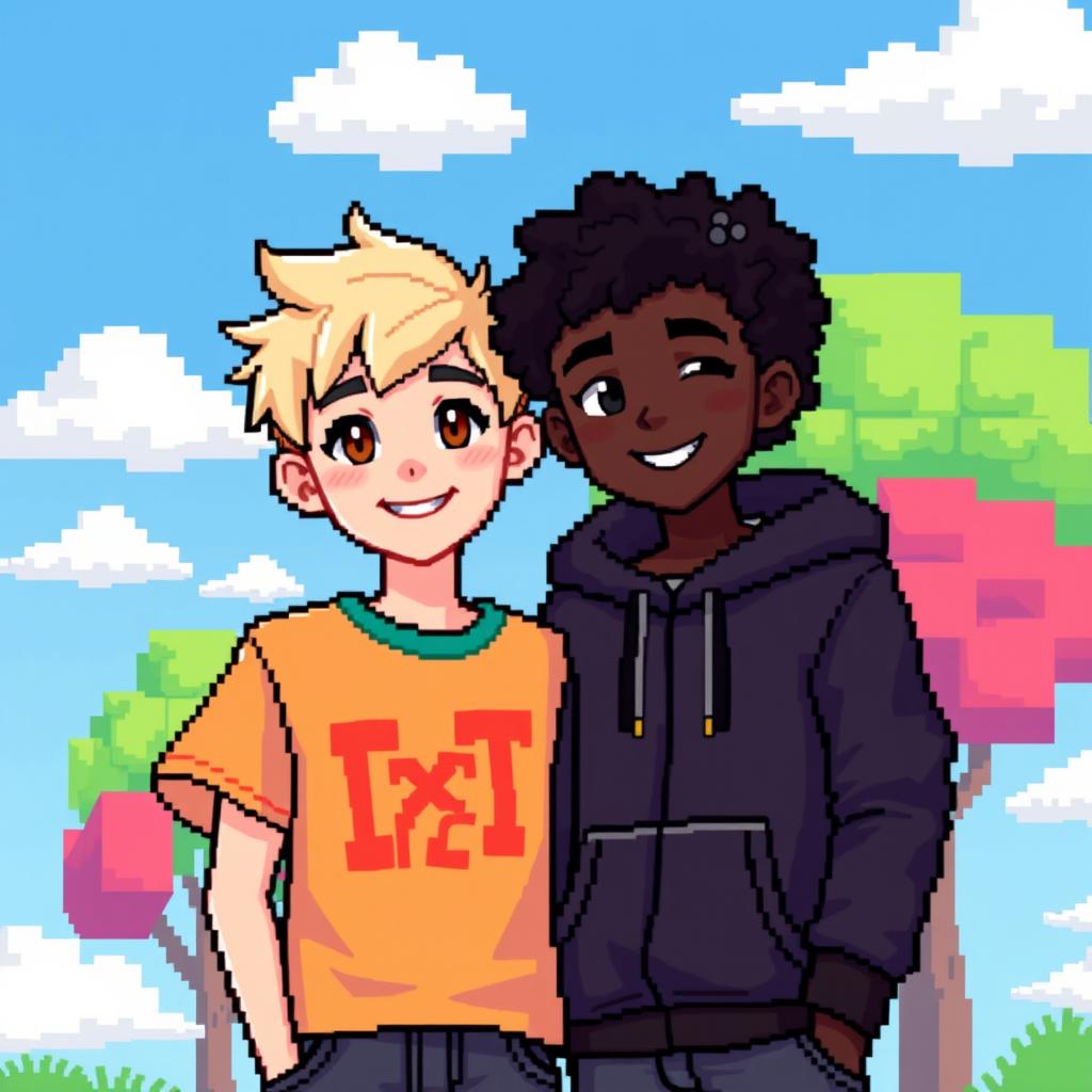 An engaging 8-bit pixel art depiction of a couple of two boys