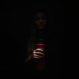 A woman standing in a dark room holding a red Stanley thermos