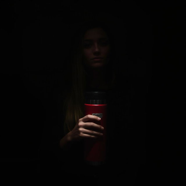A woman standing in a dark room holding a red Stanley thermos