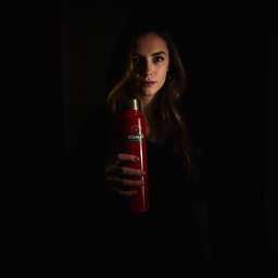 A woman standing in a dark room holding a red Stanley thermos