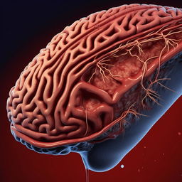 A detailed illustration of a brain aneurysm, showing the weakened blood vessel wall bulging outwards. Keep the image medical and professional with appropriate annotations.