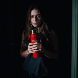 A woman standing in a dark room holding a red Stanley thermos