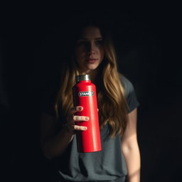 A woman standing in a dark room holding a red Stanley thermos