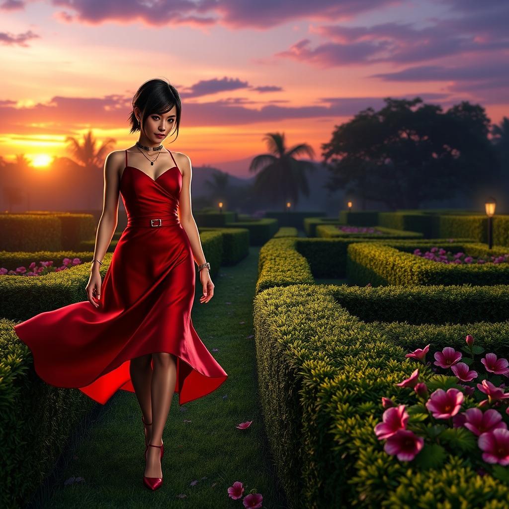 A stunning wallpaper featuring Ada Wong from Resident Evil 4 Remake, dressed in her iconic red dress, gracefully walking through a lush garden maze during the evening