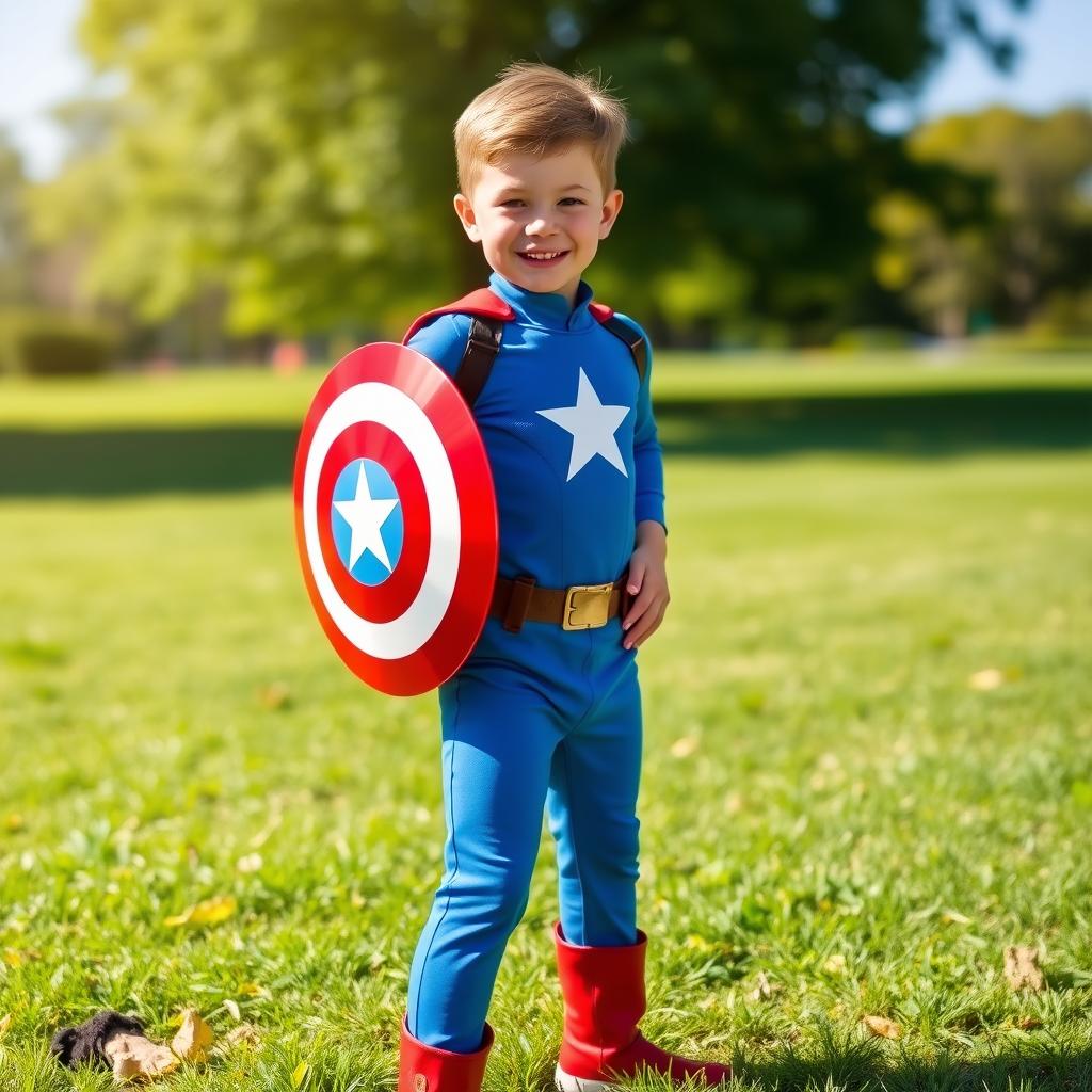 A young boy in a superhero costume inspired by Captain America, with a bright blue jumpsuit featuring a star on the chest, a red and white striped shield, and a playful smile