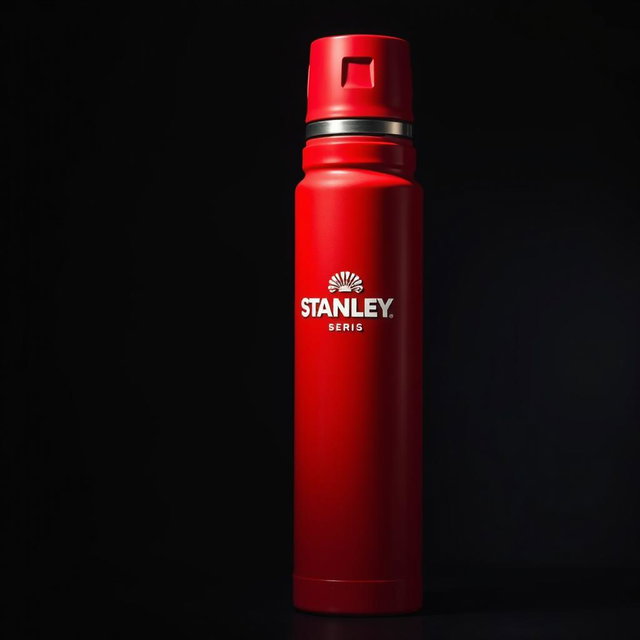 A vividly detailed representation of a red Stanley thermos positioned in a dark room