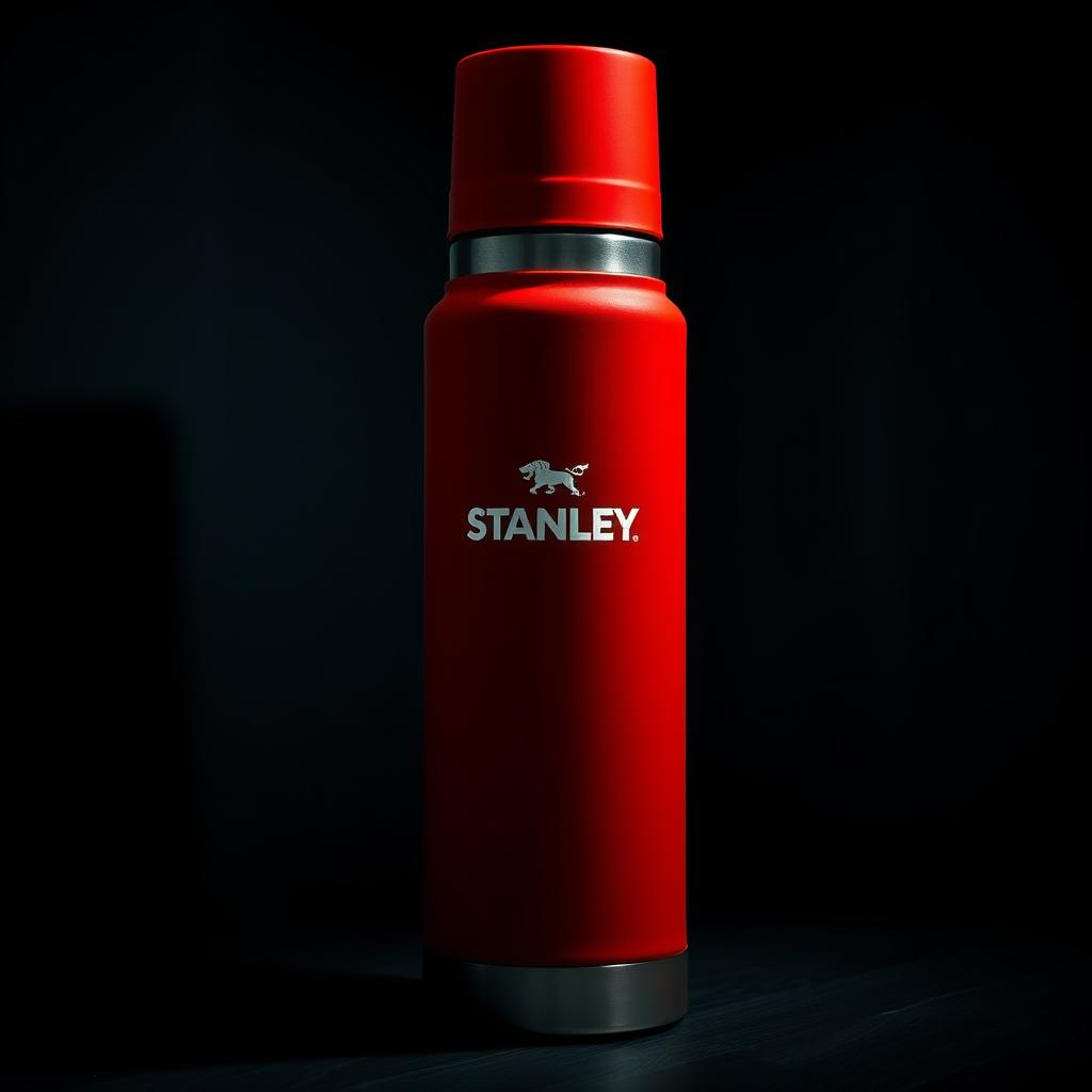A vividly detailed representation of a red Stanley thermos positioned in a dark room