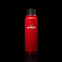 A vividly detailed representation of a red Stanley thermos positioned in a dark room