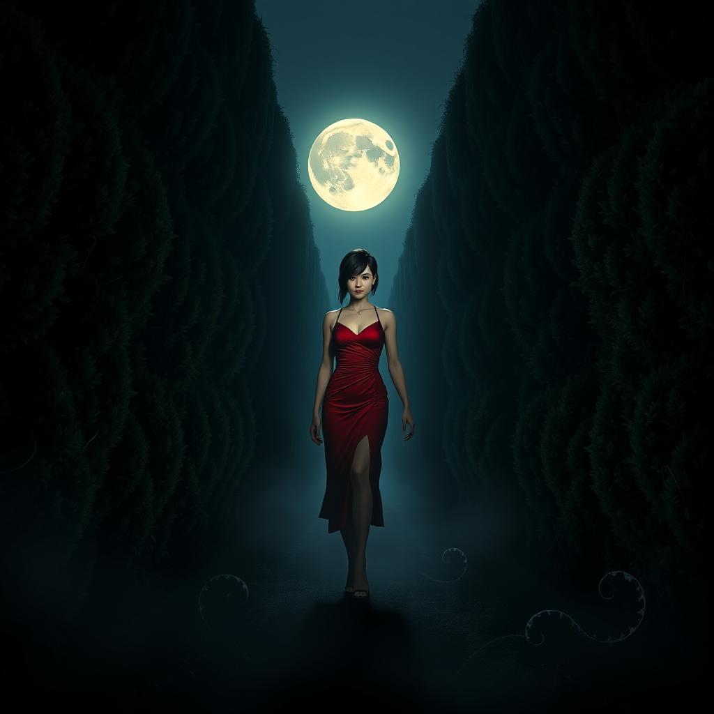 A captivating wallpaper featuring Ada Wong from Resident Evil 4 Remake, elegantly walking through a tall and intimidating garden maze at night