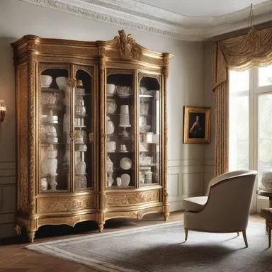 The luxurious living room featured a stunning display cabinet adorned with gilded ampullas.