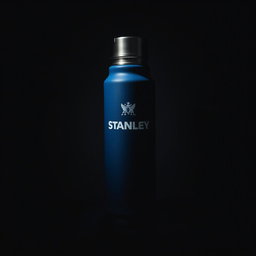 A striking depiction of a blue Stanley thermos in a dark room