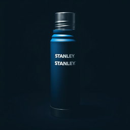 A striking depiction of a blue Stanley thermos in a dark room