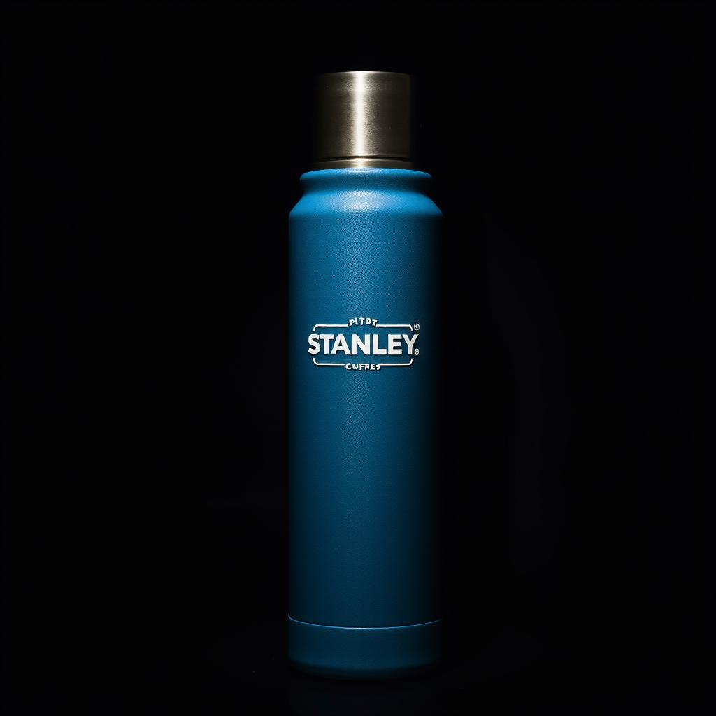 A striking depiction of a blue Stanley thermos in a dark room