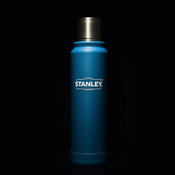 A striking depiction of a blue Stanley thermos in a dark room