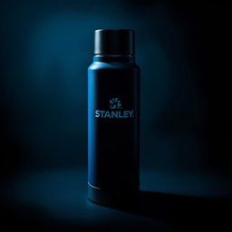 A striking depiction of a blue Stanley thermos in a dark room