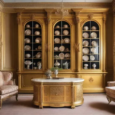 The luxurious living room featured a stunning display cabinet adorned with gilded ampullas.