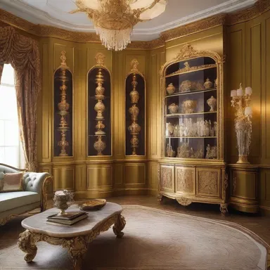 The luxurious living room featured a stunning display cabinet adorned with gilded ampullas.