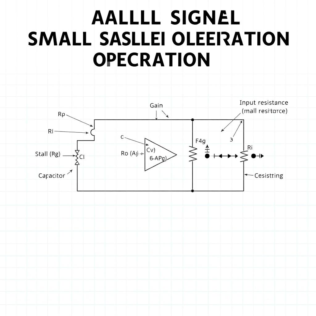 A detailed illustration of small signal operation in electronics, featuring a circuit diagram that includes an amplifier, capacitors, and resistors