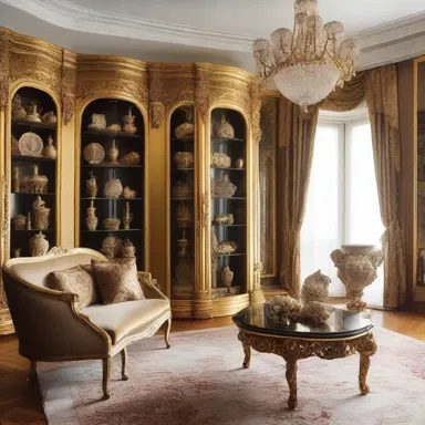 The luxurious living room featured a stunning display cabinet adorned with gilded ampullas.