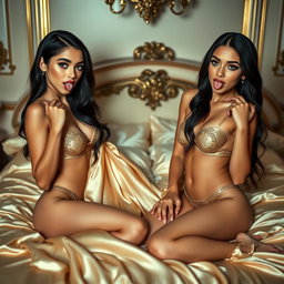 Nineteen-year-old tan Arabic Latina model twin sisters, both petite with dark long brunette hair, very skinny with small busts and small buttocks