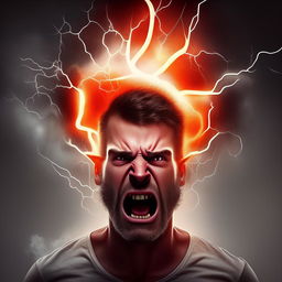 Illustrate a man showing extreme anger, with symbolic imagery such as lightning and steam around his head, implying a metaphorical aneurysm.